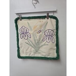 Vtg Embroidered Bird Iris Flower Pillow Case Green Fringe‎ Boho Shabby Chic 15"